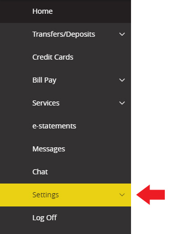 Online Banking menu with arrow pointing at settings menu option.
