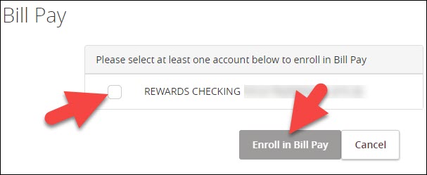 select funding account from list and click enroll in bill pay