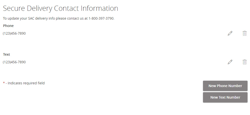 Overview of Secure Delivery Contact Information page after a new Text Number has been added.