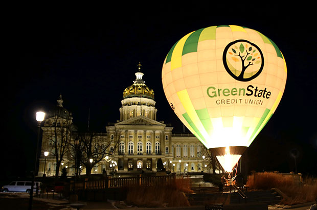 GreenState hot air balloon in front of Iowa capital building