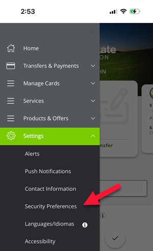 menu settings security preferences