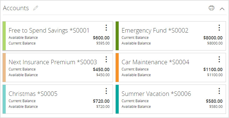 Example screen shot of multiple savings accounts viewed online